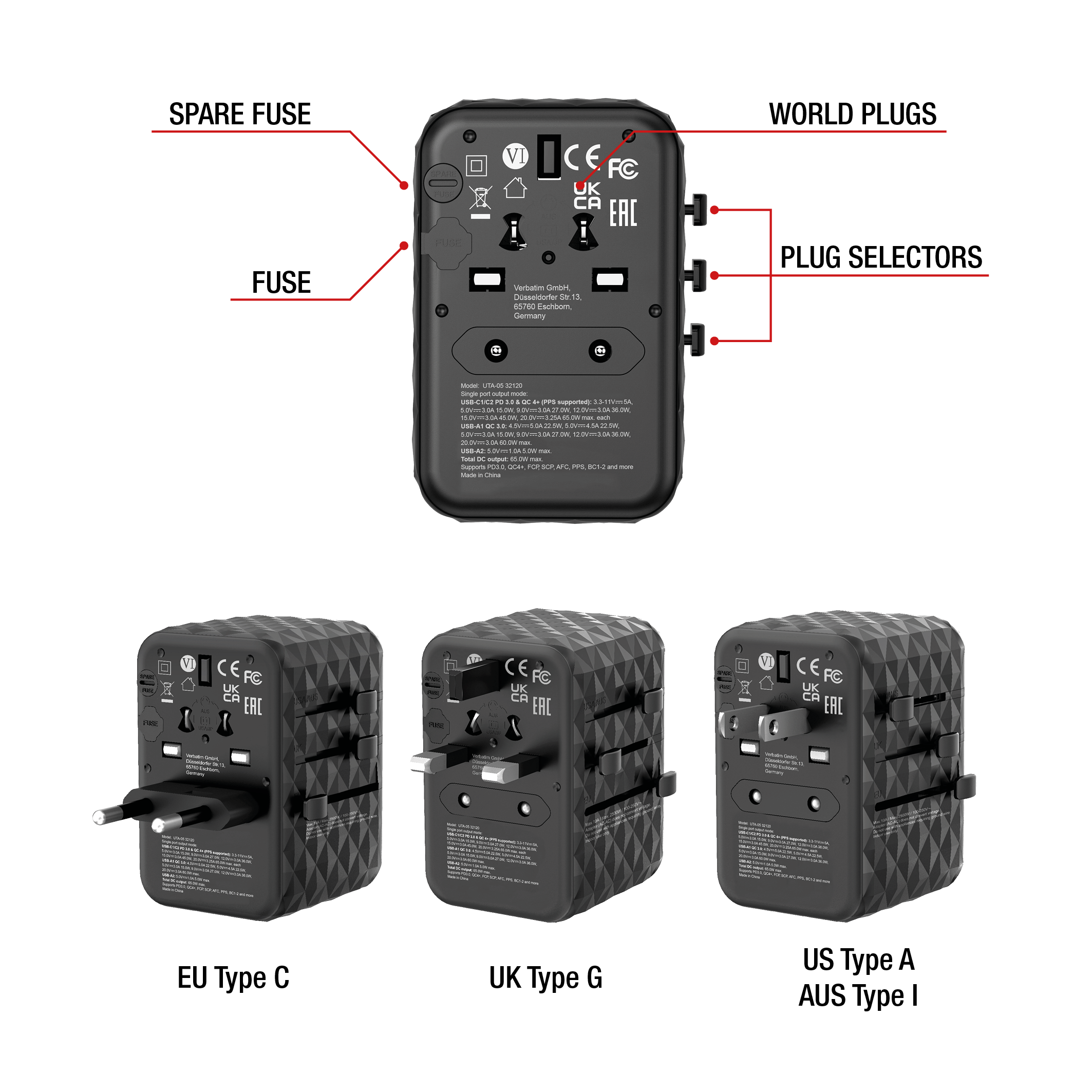 Verbatim UTA-05 GaN III 65W Universal Travel Adapter